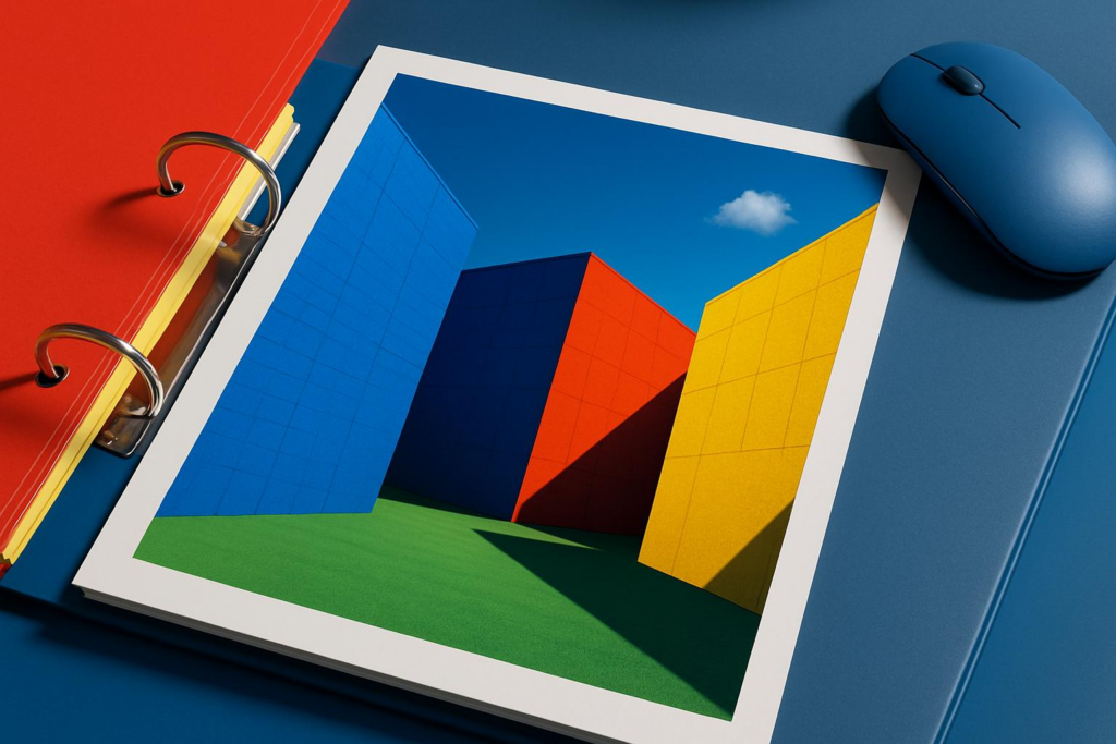 Colorful Bauhaus-Inspired Architectural Print on Office Desk