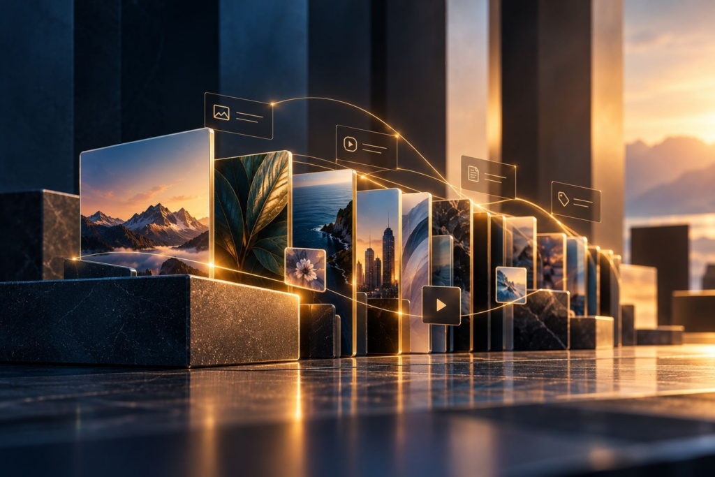 Digital Media Gallery Illuminated by Golden Technological Connections